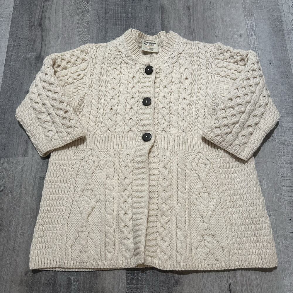 Kilronan Knitwear Ireland 100% Merino Wool Ivory Cable Knit Long Sweater Medium